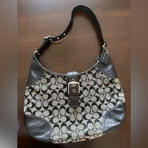 COACH Signature Hobo Shoulder handbag, black leather trim, silver zipped buckle